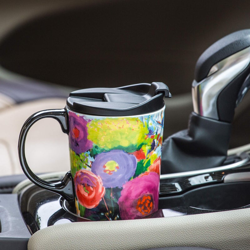 Topadorn Ceramic Travel Mug Large Coffee Mug with Lid & Handle, Ceramic Latte Mug with Matching Box, Flower - Image 3